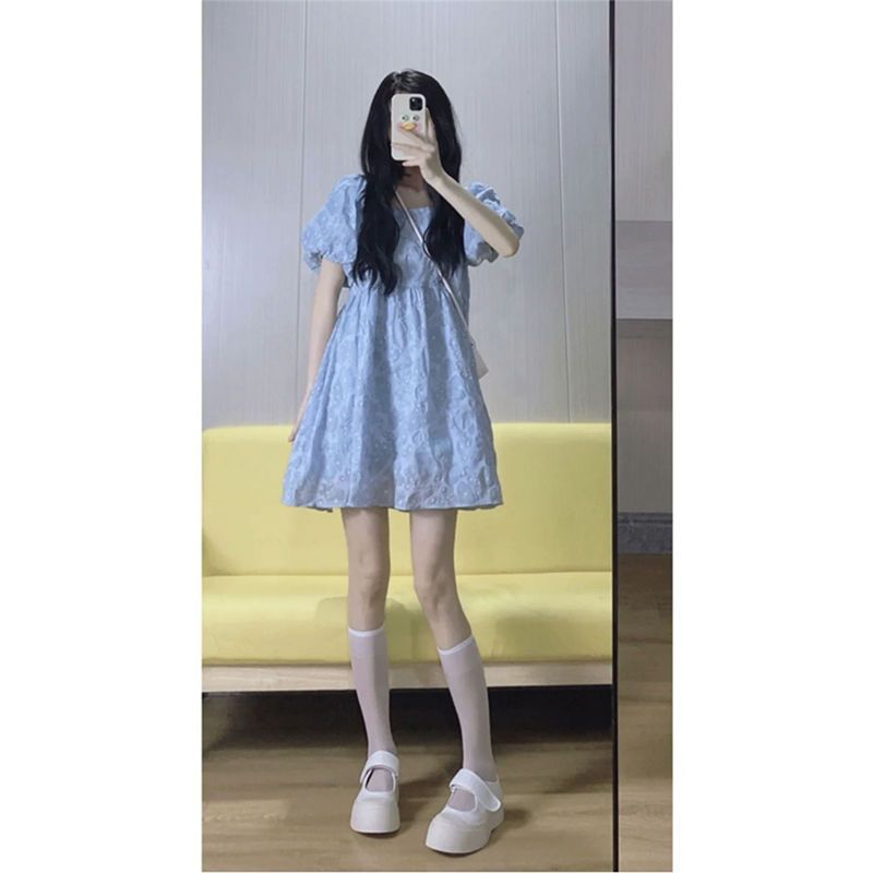 2023 New Summer French Puff Skirt Square Neck Puff Sleeve Princess Skirt Fairy Dress Summer Clothes