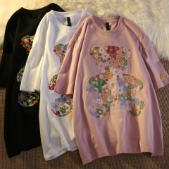 Real shot round neck short sleeve T-shirt bear towel embroidered medium length loose half sleeve top in summer