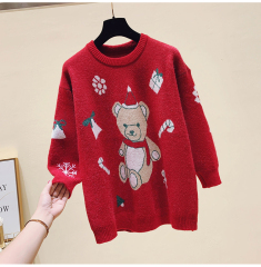 Autumn / winter 2020 new Christmas style lazy round neck little bear jacquard loose T-shirt long sleeve top women fashion