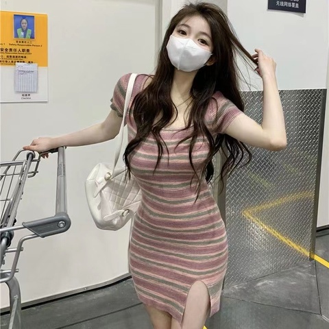 Net red striped dress women's summer pure sweet and spicy sexy skirt 2022 new tight bag hip split skirt