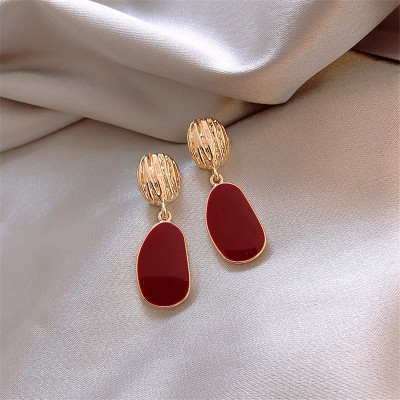 S925 silver needle Korean temperament small ins simple geometry piece wine red Hong Kong Style Earrings girl long earrings