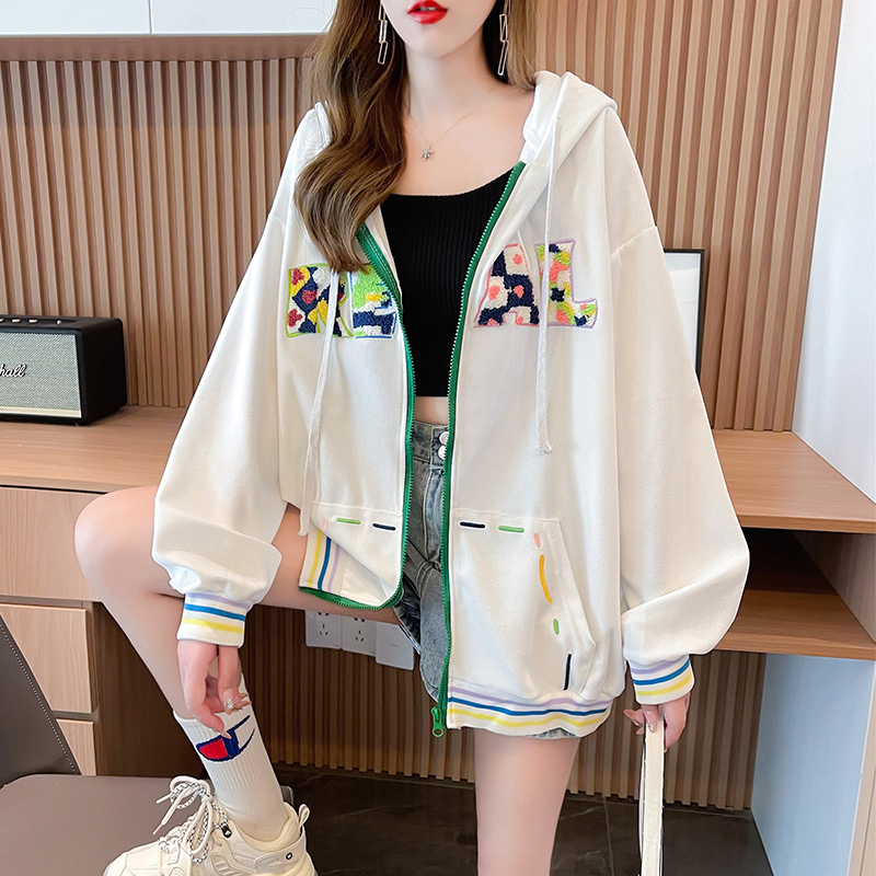 Real shot 280g twill 100 polyester fiber embroidered cardigan zipper jacket thin women's sweater