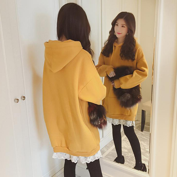 Hooded sweater for female students in autumn and winter 2020 new loose Korean medium and long coat with lace and velvet sweater for female students