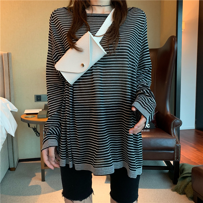 Real photo real price thin loose long sleeve ice silk sunscreen Korean stripe bottomed sweater