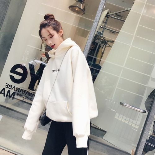 Official picture hooded sweater women's new winter loose student Plush thickened long sleeved top