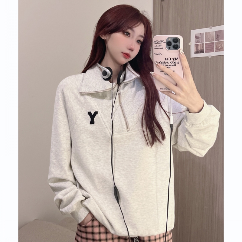 Real shot large patch embroidery half zipper sweater women's collar top