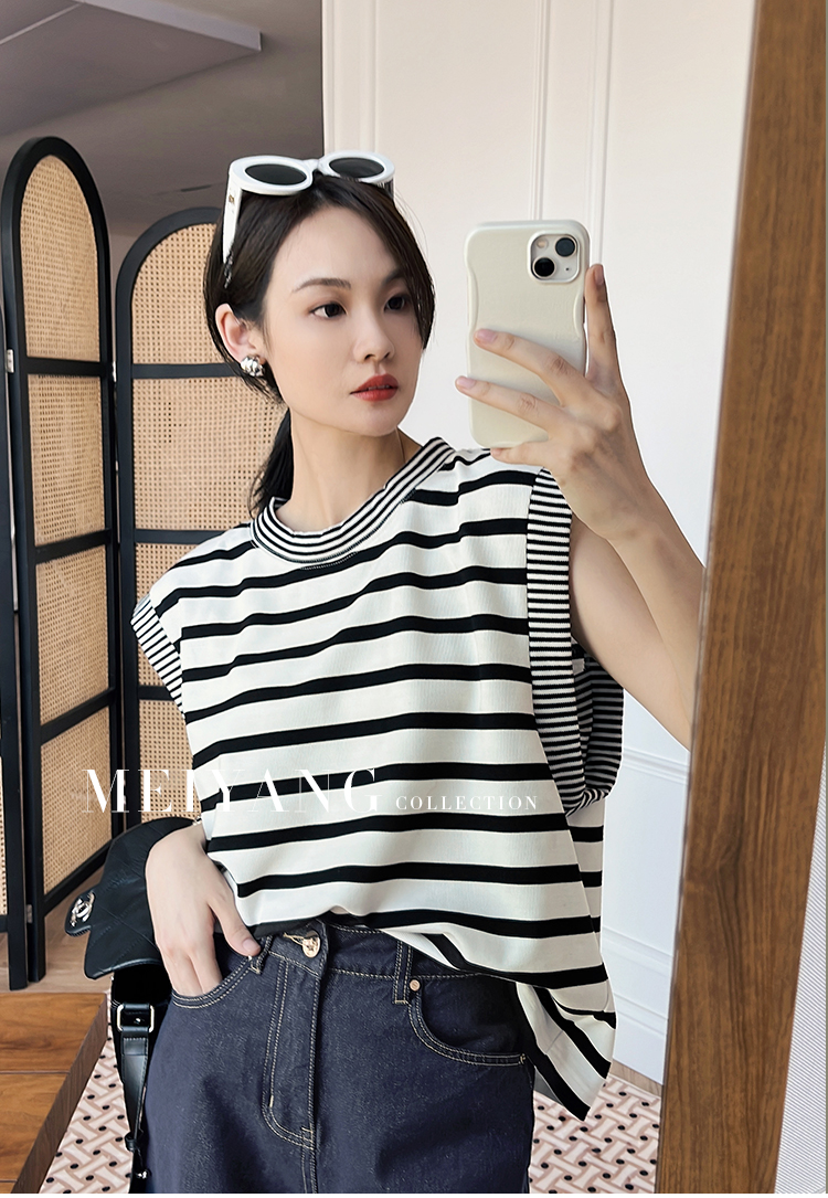Meiyang meiyang Piano Island vest simple atmosphere retro stripe loose round neck straight sleeveless T-shirt