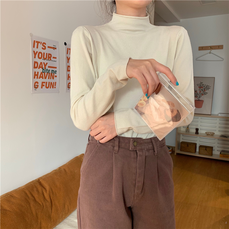 Real price core spun yarn personalized crimped sweater half high collar Pullover bottomed blouse female