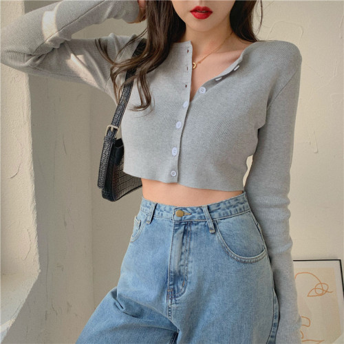 High waist single breasted long sleeve top women's new spring 2020 knitted cardigan slim and short