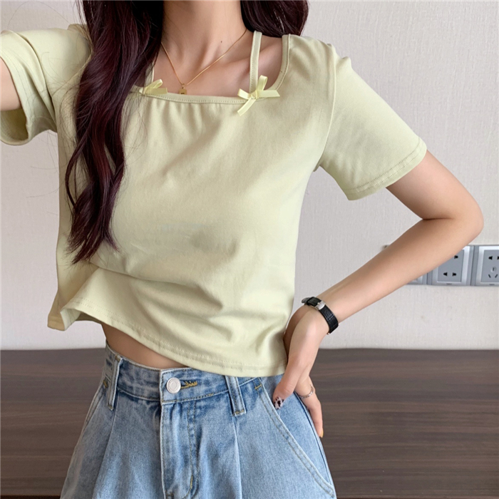 Real shooting, real price, slim, careful machine, off shoulder bow, square neck, short sleeved T-shirt, bottomed shirt, female