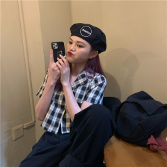 Real shot real price ins super fire new retro girl's short open navel short sleeve shirt Plaid top