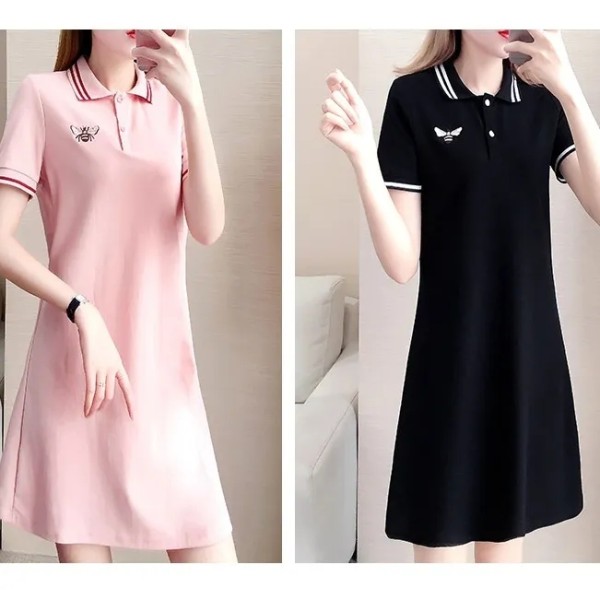 Polo neck large size dress women's summer 2021 new Korean small short sleeve medium length embroidered T-shirt skirt