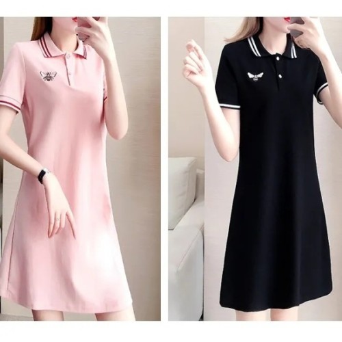 Polo neck large size dress women's summer  new Korean small short sleeve medium length embroidered T-shirt skirt