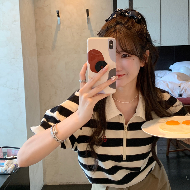 Dajinjia black and white stripe T-shirt summer female design loose contrast polo shirt bubble sleeve short sleeve top