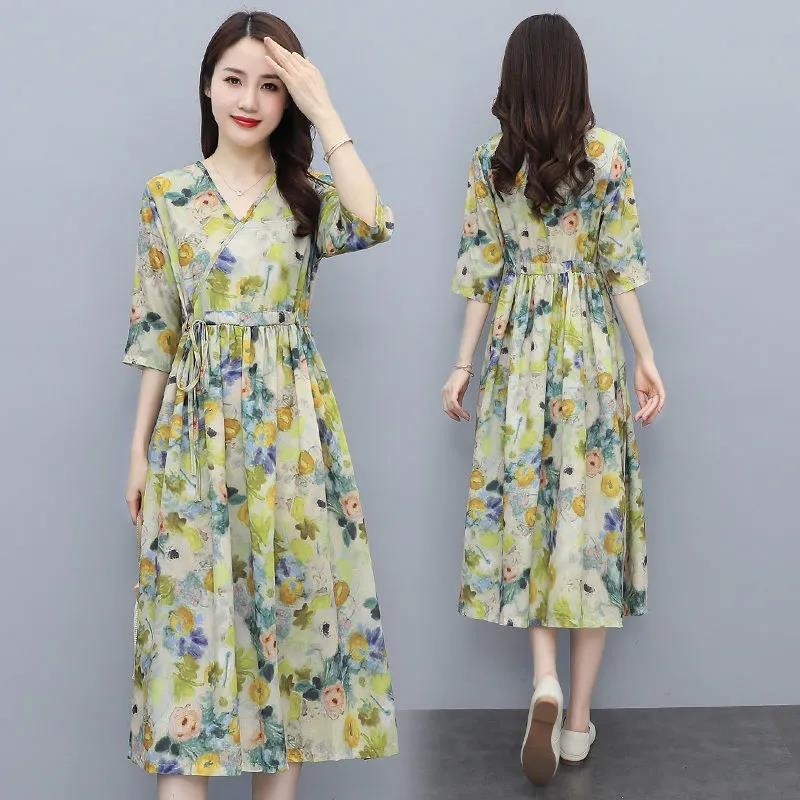 Broken flower Imitation cotton dress women's summer dress 2022 fashion new Korean style waist closing thin skirt medium and long large skirt