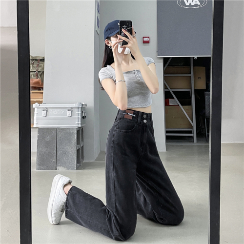 Actual shooting of 2022 new straight jeans women's vertical high waist thin wide leg pants three pants optional