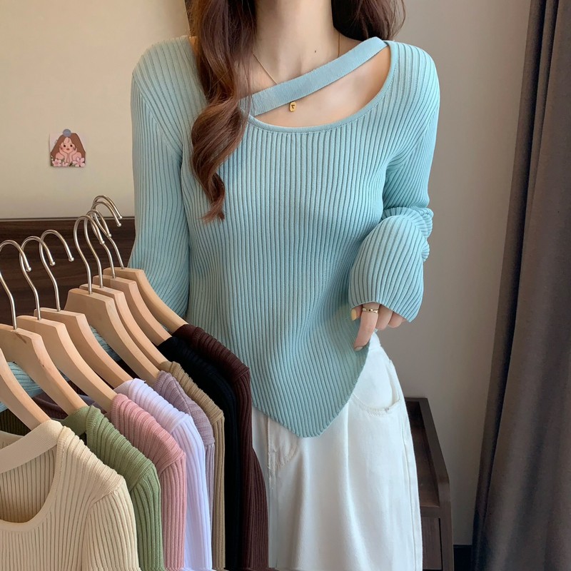 Core spun yarn autumn and winter Korean version of the slim design sense of oblique hanging neck gas pure desire knitted bottoming shirt