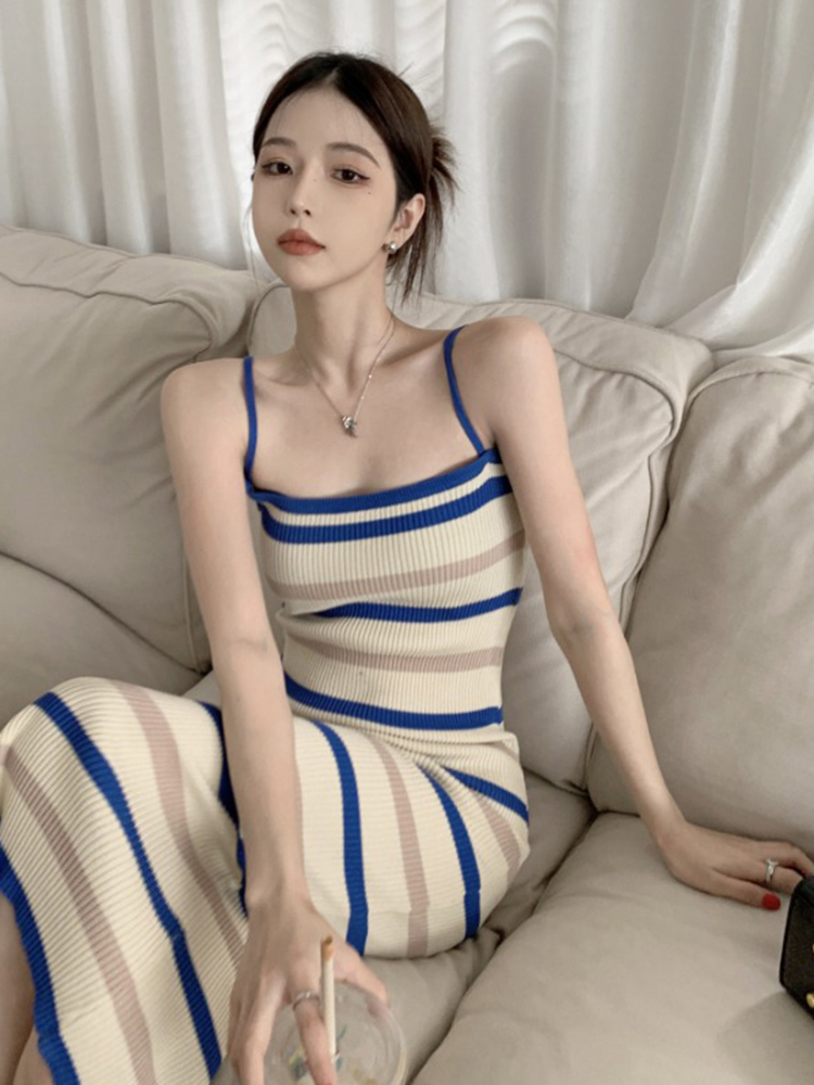 2023 Striped Knitted Strap Dress Women's Spicy Girls Temperament Waist Wrap Hip Skirt Medium Length Retro Sleeveless Skirt