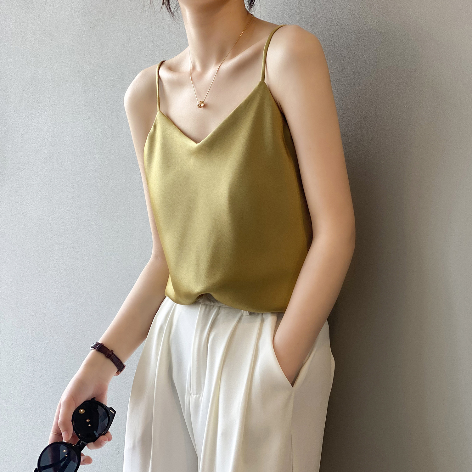 Real shot satin V-neck small sling female 2023 summer new Korean style temperament drape inner sleeveless vest