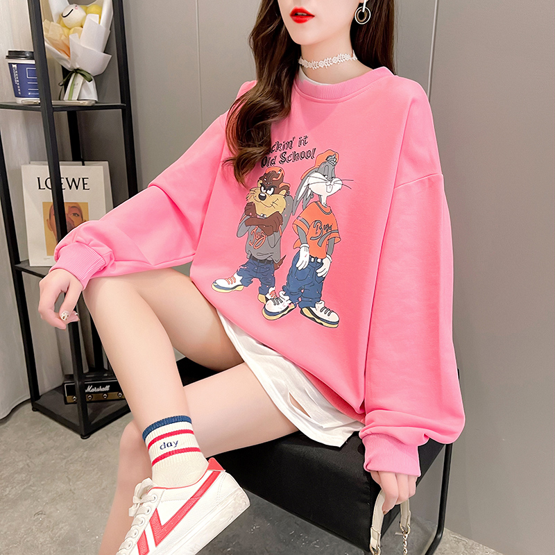 Real photo of 2021 spring dress Korean version loose cotton round neck cartoon printing fake two large women's thin sweater