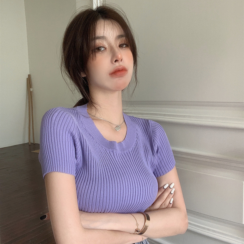 2022 summer new super versatile Korean round neck basic short sleeve knitted T-shirt women's top
