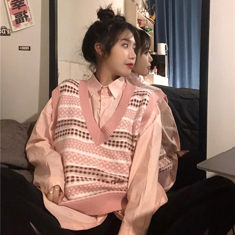 Pink vest, vest, coat, spring and autumn wear, Japanese versatile sweater, college style V-neck knitted JK vest, female