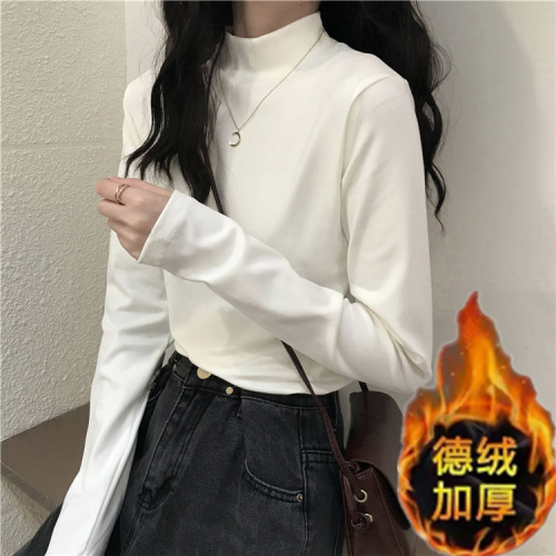 Double-sided German velvet spring, autumn and winter long-sleeved bottoming shirt women's Korean style half-high collar thickened white t-shirt slim top