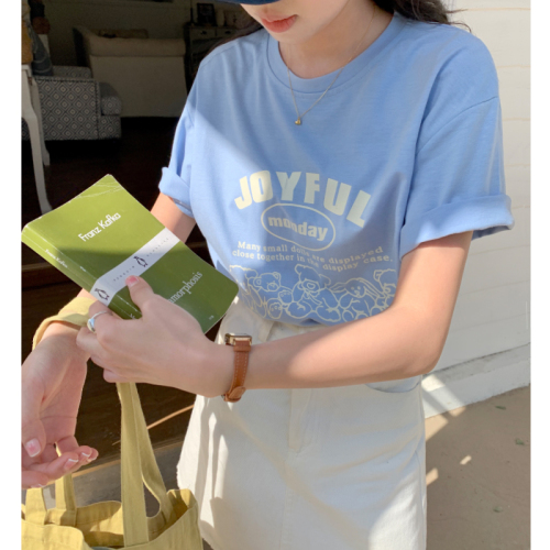 Real shot bear letter print short-sleeved T-shirt women's 2023 early spring new casual loose top