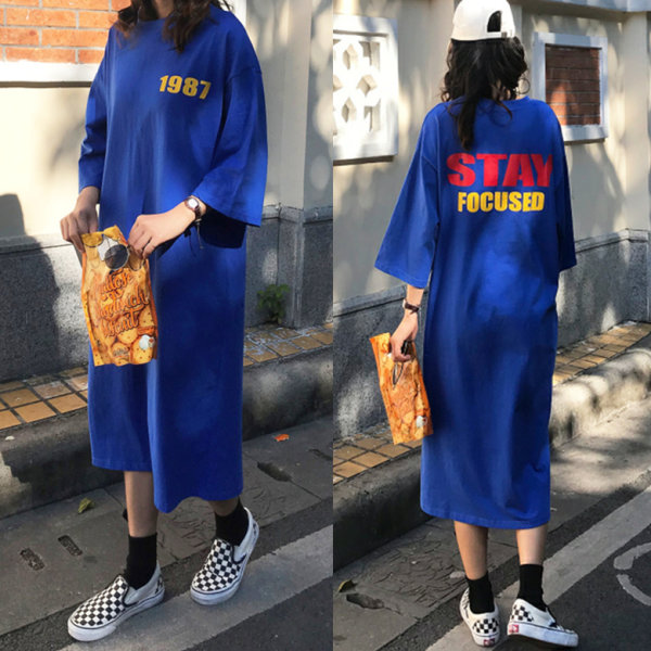Korean personalized new summer short sleeve printed letter medium length T-shirt dress