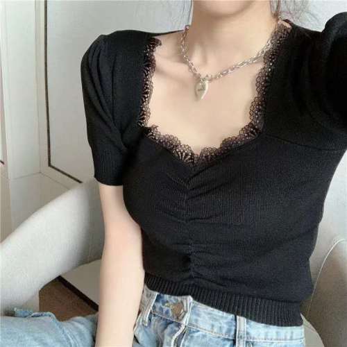 2020 summer new Korean version versatile slim lace splicing bubble sleeve student Knitted Top Bottom