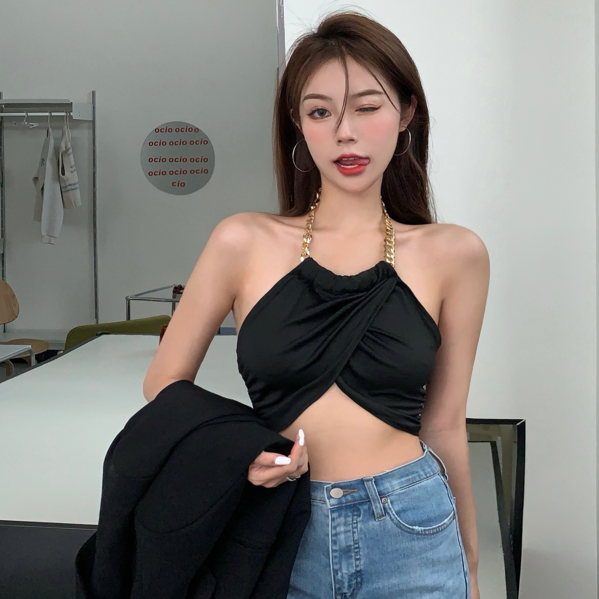 hot girl black halter neck camisole women's summer