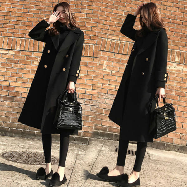 Thickened 400g dragon and Phoenix tweed autumn and winter Korean loose tweed coat women's medium long black Hepburn tweed coat