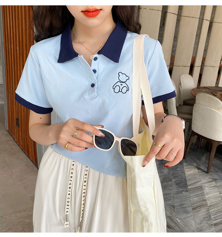 Polo collar T-shirt women's summer short sleeve 2022 new embroidered bear T-shirt loose cotton Lapel front shoulder top