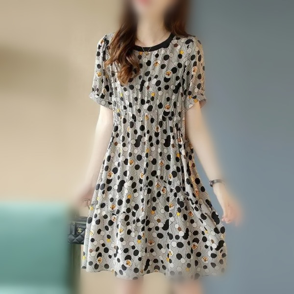 Wave dot print short sleeve dress women's 2022 summer new Korean loose casual round neck medium and long A-line skirt