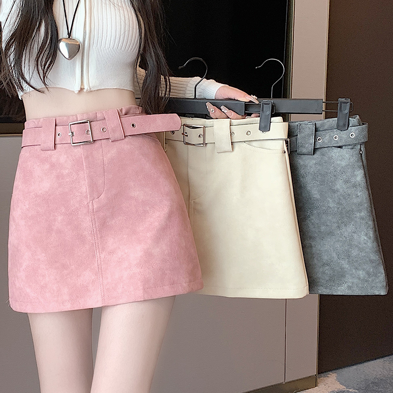 Real shot of gradient dyed high-waisted PU leather skirt for women 2024 autumn and winter hot girl slimming hip skirt temperament gray short skirt