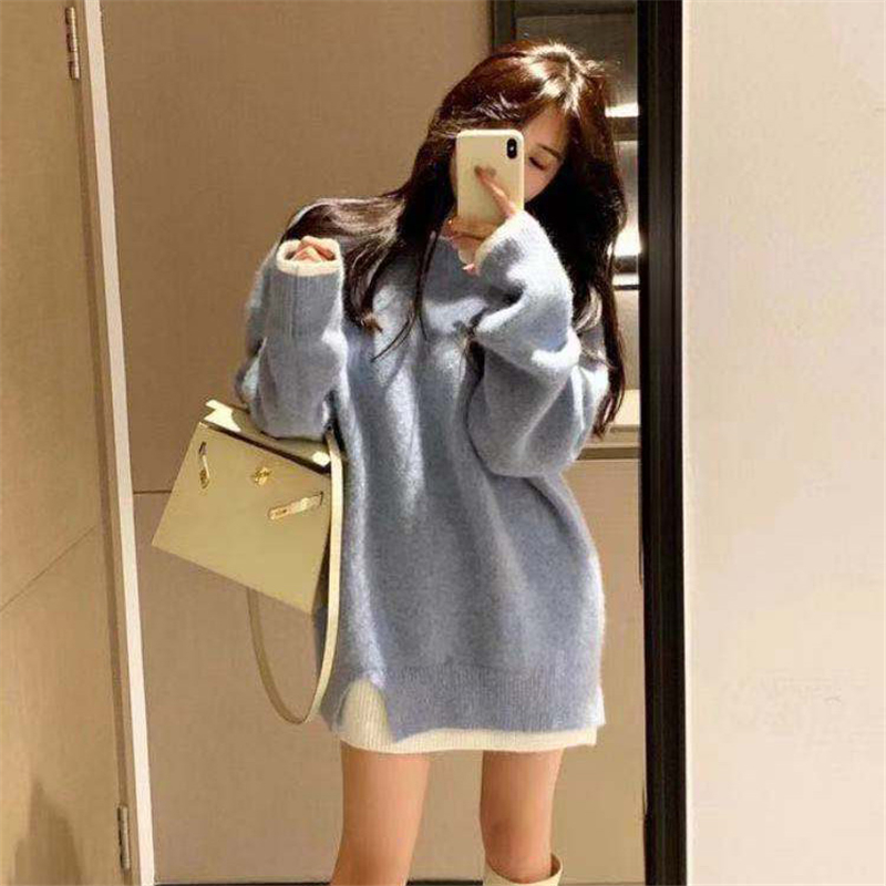 Spring and autumn middle long fake two sweaters loose Pullover lazy wind coat small man 2021 early autumn new women's wear