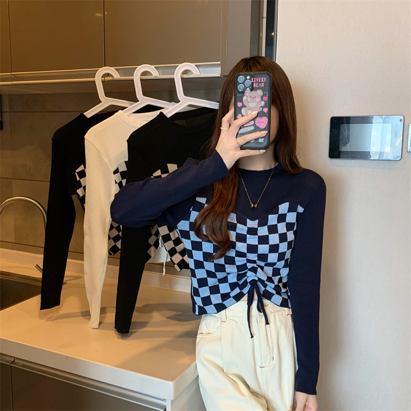 Real shooting real price autumn and winter new design fake two pieces of checkerboard lattice bottom with drawstring long sleeve knitted shirt