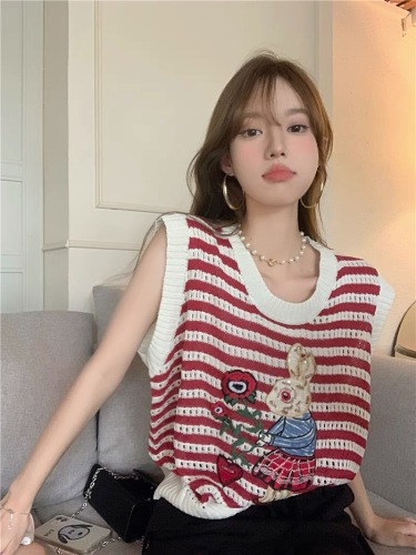 Rabbit striped hollow knitted vest sling women's outer wear summer new style outer wear loose sleeveless top ins tide