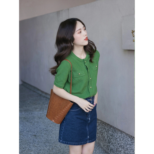 Xiaoxiangfeng short-sleeved shoulder green sweater  new women's retro Hong Kong style loose casual cardigan top summer