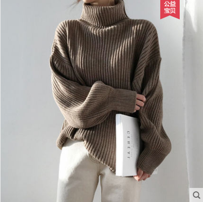 Slouchy style high neck sweater women's Korean retro loose thin top medium length Pullover long sleeve sweater
