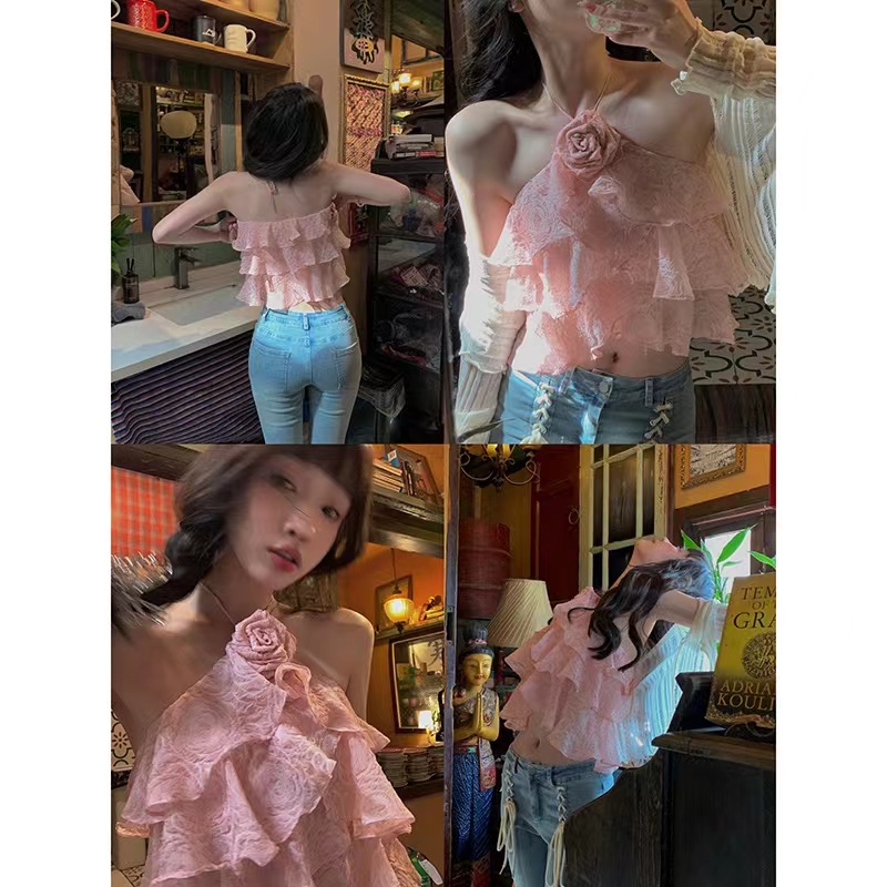 Heart-warming rose dew design sense hanging neck outerwear camisole women's sweet and spicy navel top summer