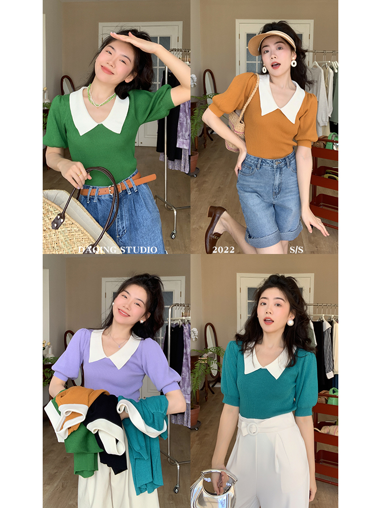 Sweet Polo neck sweater thin Lantern Sleeve short style thin short sleeve V-neck shirt
