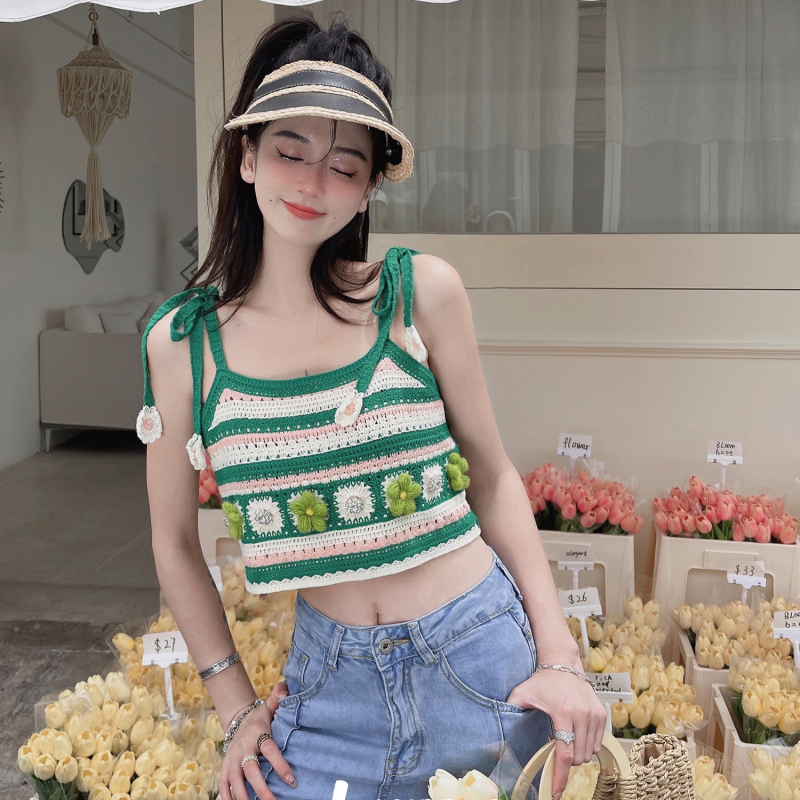 Crocheted hollow out knitted suspender vest for women in summer wear Vintage jacket outside