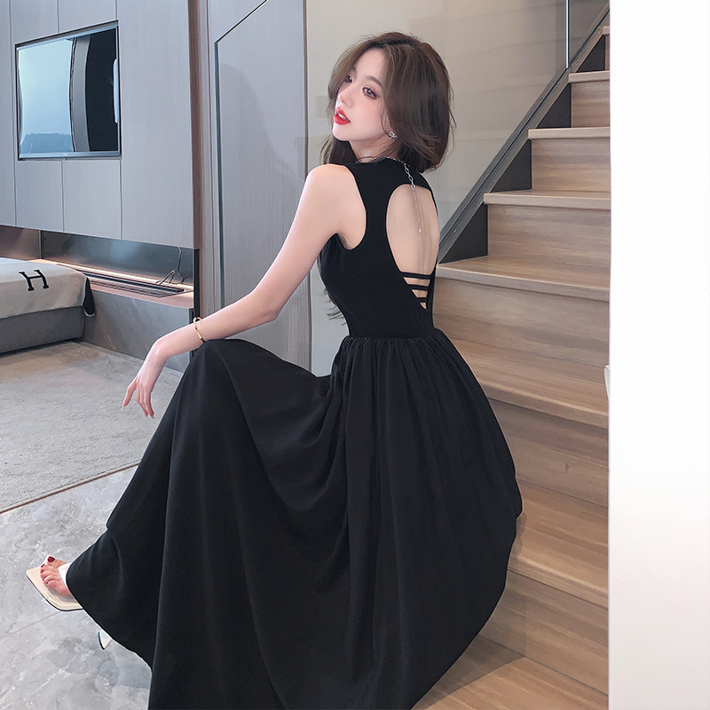Roman holiday French black backless dress high-end sleeveless air-waisted long dress for women