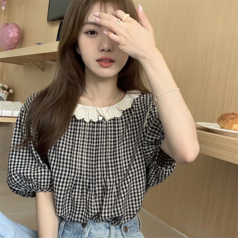 Bubble Sleeve Plaid Shirt women's summer 2022 new French Pullover loose outer short sleeve top