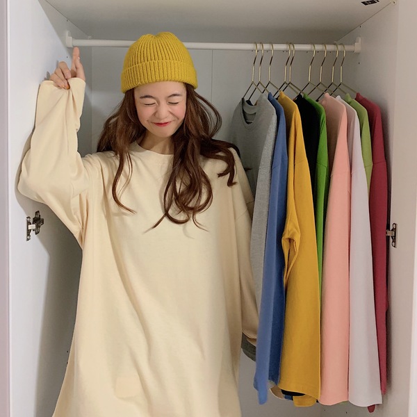 Solid color candy color loose large version long sleeve medium and long bottoming T-shirt
