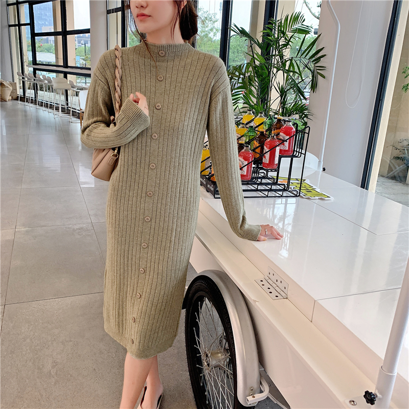 Half high neck long over the knee with overcoat wool dress for women's autumn and winter loose and thin knitted dress