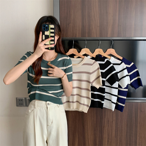 Real shooting and real price summer new classic stripe Short Sleeve Sweater Top Women's foreign style versatile thin short T-shirt