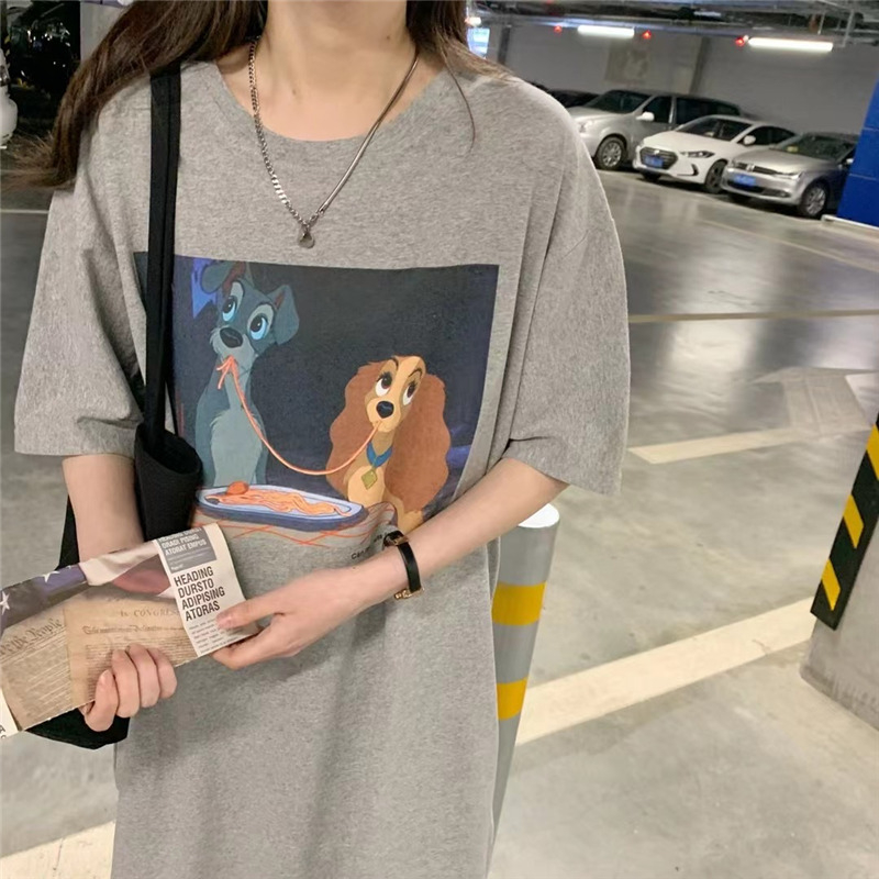 Summer new cartoon print long skirt with slit and knee-length T-shirt, loose large size casual and versatile dress