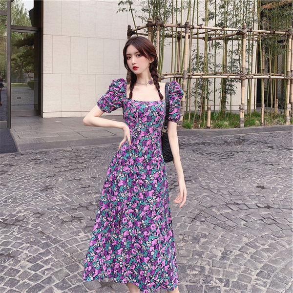 Large floral dress women's summer purple bubble sleeve split French dress fat Fairy Dress